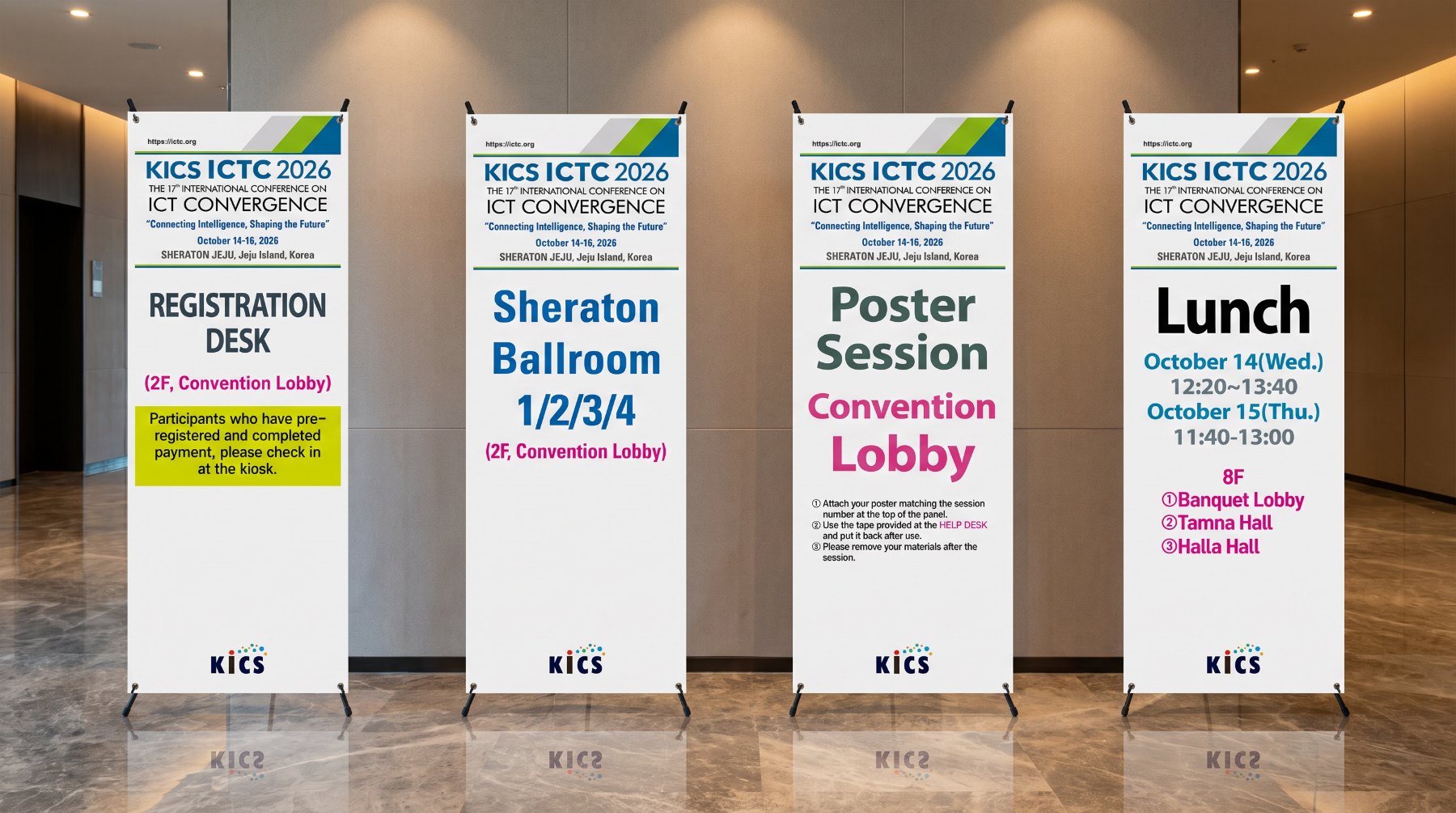 KICS ICTC 2026 등록데스크&middot;세션룸&middot;포스터 세션&middot;오찬 안내 X배너 적용 이미지